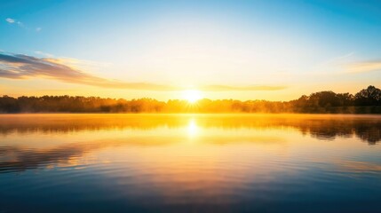Fototapeta premium Stunning sunrise over a calm lake, with vibrant colors reflecting on the water, creating a serene and peaceful atmosphere.