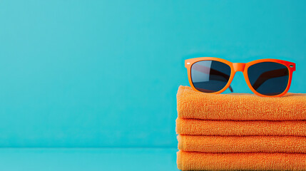 A vibrant scene featuring orange towels and stylish sunglasses against a bright teal background, perfect for summer vibes.