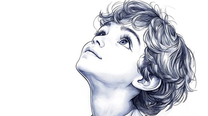 Fototapeta premium A young boy with curly hair looks up with wonder and hope in his eyes.