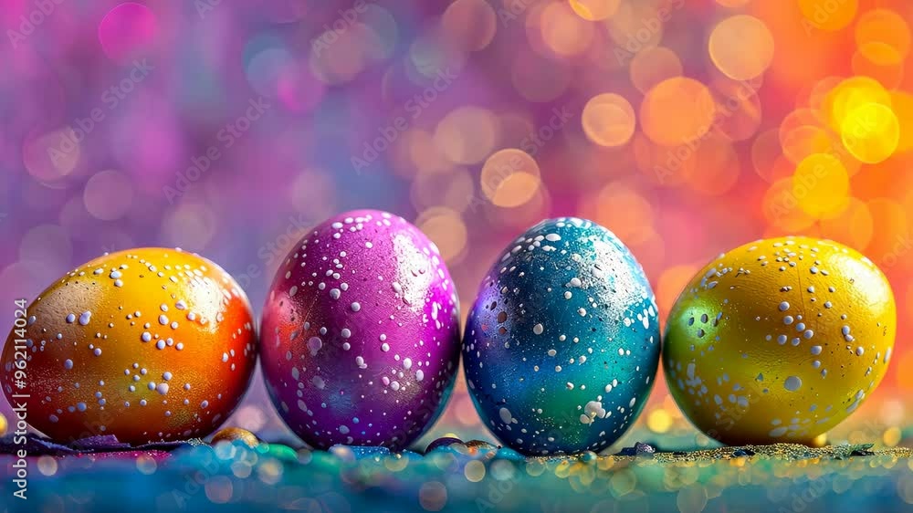 Poster vibrant easter eggs displayed in front of a colorful bokeh background for spring celebrations