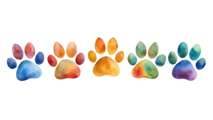 Vibrant paw prints on white background, cut out transparent