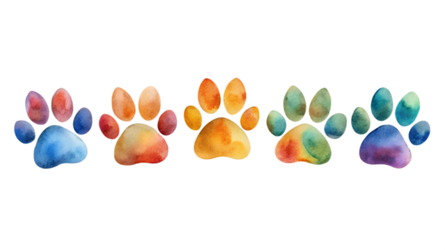 Vibrant paw prints on white background, cut out transparent