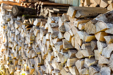 A pile of firewood. Stack of firewood.  Woodpile. Firewood for the winter. Preparation of firewood.