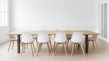 Minimalist office meeting room with a long wooden table, white chairs, and simple wall decor, ideal for focused discussions