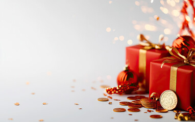 Festive red gift boxes with golden ribbons and decorations, perfect for celebrations and holiday events.