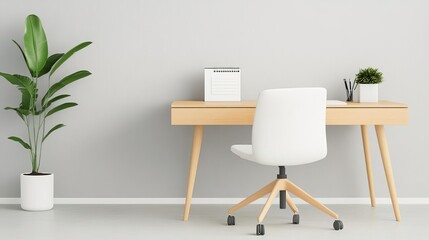 Minimalist office with a light wooden desk, white ergonomic chair, and subtle decor, ideal for a calm and productive environment