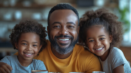 Smiling Father with Two Happy Children in Warm Family Portrait at Home
