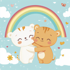 Cute Cartoon Bear Cubs Hugging Under a Rainbow in Whimsical Illustration with Hearts and Clouds