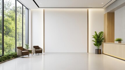 Fototapeta premium Minimalist office with large windows, sleek furniture, and natural light, creating a modern and open feel