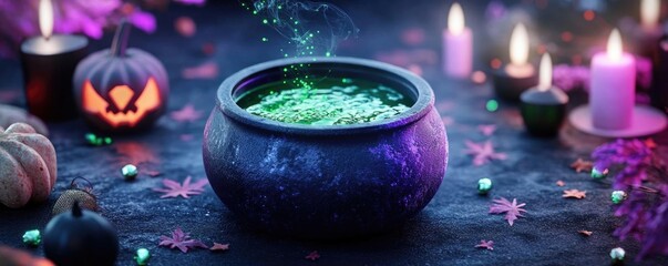 A mystical cauldron surrounded by candles and autumn decorations, creating a spooky and enchanting atmosphere for Halloween.
