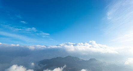 Prau Mountain panorama with blue sky and white clouds in Dieng, Wonosobo, Indonesia. Concept for International Day of Forest, World Environment Day.