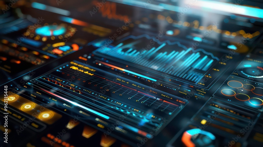 Poster futuristic digital interface with charts, graphs and data visualizations.