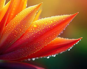 Vibrant close-up of a tropical flower petal adorned with dew drops, evoking natural beauty and freshness in a colorful setting.