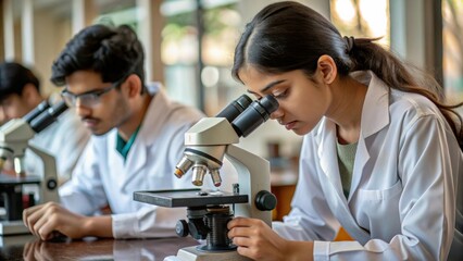 Indian student working in a biology lab, using microscopes to observe samples, enhancing their practical scientific knowledge.