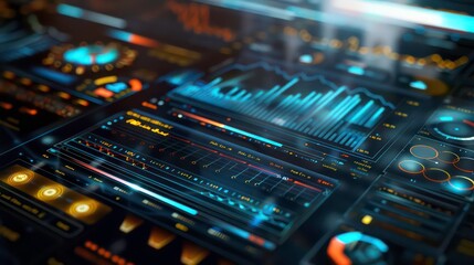 Futuristic digital interface with charts, graphs and data visualizations.