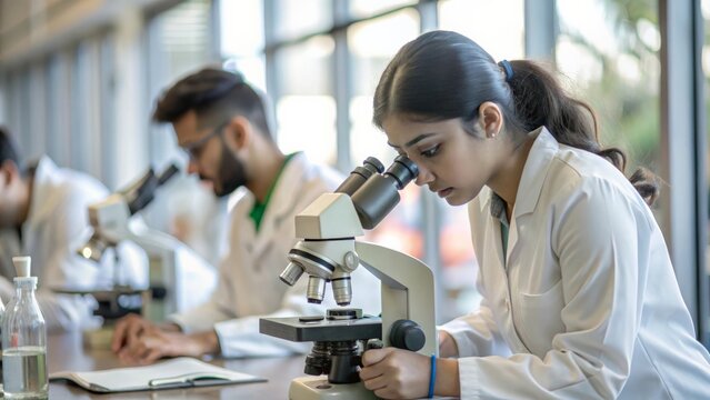 Indian student working in a biology lab, using microscopes to observe samples, enhancing their practical scientific knowledge.