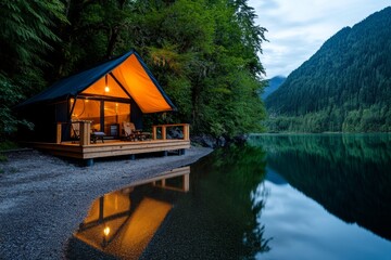 Fototapeta premium Tent by the water, surrounded by towering trees, tranquil retreat offers a peaceful place to unwind after a long hike