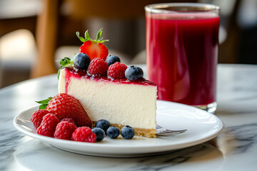 slice of cheesecake with strawberries and blueberries