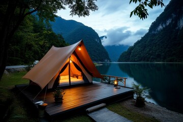 Tent set up by the lake, forest sounds all around, fresh mountain air offers a calming, rejuvenating escape from the hustle and bustle of daily life