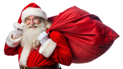 Santa Claus smiling with a large red sack of gifts, cut out transparent