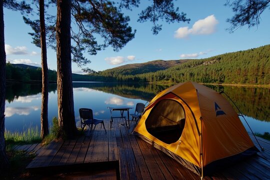 Tent pitched near the forest, overlooking the lake, peaceful evening lets you enjoy the best of both worldsâ€”forest solitude and lakeside beauty