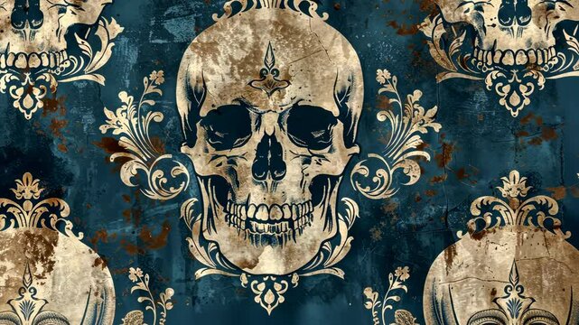 Macabre damask design with skulls in dark tones and intricate details showcased