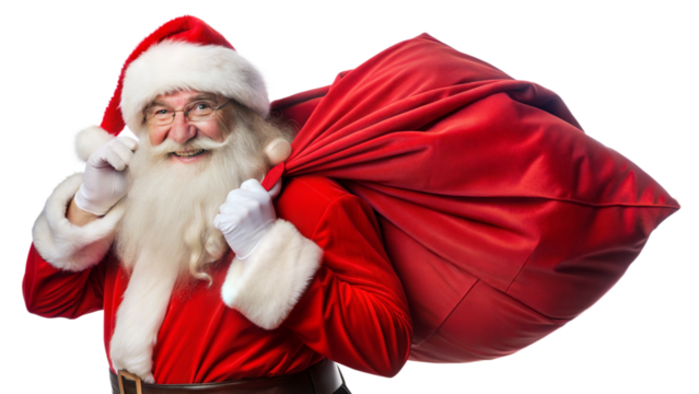 Santa Claus smiling with a large red sack of gifts, cut out transparent