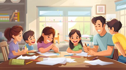 Obraz premium Family setting up a home classroom for multiple children