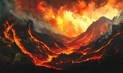 A Mountainous Landscape Filled with Flowing Lava and Erupting Fire