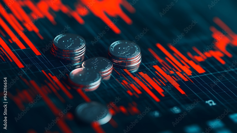 Aufkleber a bunch of coins are on a graph with red lines