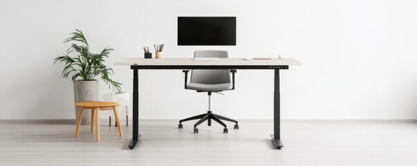 Fototapeta premium Minimalist workspace with a standing desk, modern chair, and simple decor, promoting ergonomic efficiency