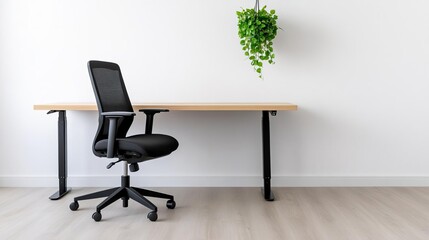 Minimalist workspace with an adjustable desk, black ergonomic chair, and a single, hanging green plant, adding life to the environment