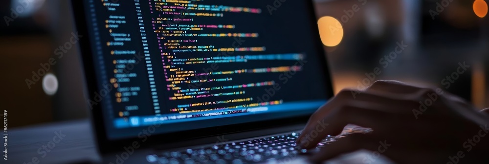 Poster Developer's hands typing on a laptop with lines of code on a black screen in a low-light setting, ideal for software development content