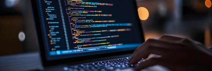 Developer's hands typing on a laptop with lines of code on a black screen in a low-light setting, ideal for software development content