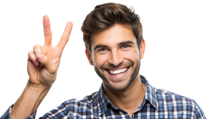Young man smiling and making peace sign indoors, cut out transparent