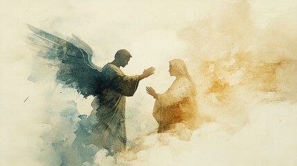 Annunciation. Angel Gabriel announcing to Mary that she will conceive and give birth to Jesus. Watercolor digital painting.
