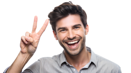 Happy young man showing peace sign indoors, cut out transparent