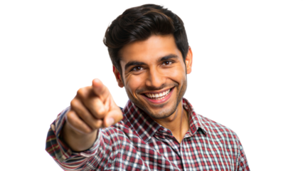 Man in casual clothes pointing at camera, cut out transparent