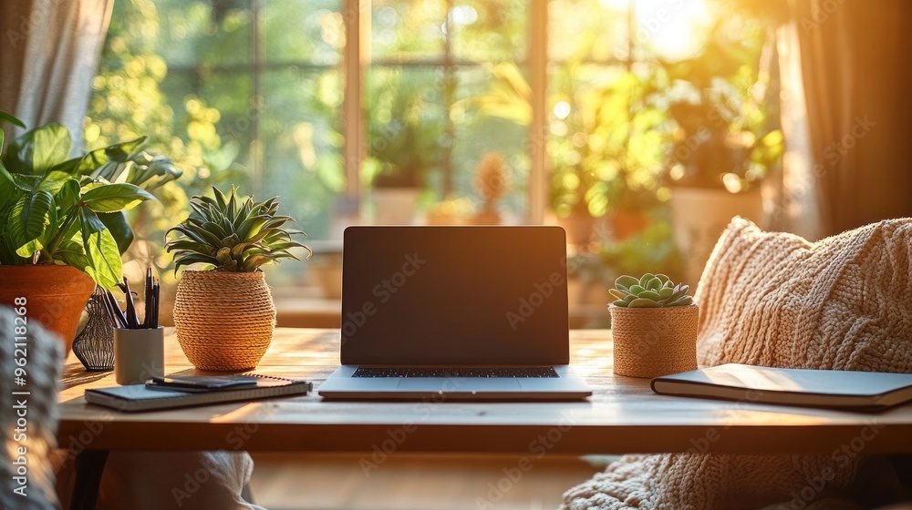 Poster laptop on a table with plants and a window view