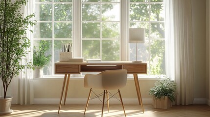 Fototapeta premium A tranquil space features a wooden desk and cozy chair placed against large windows on a light-colored backdrop. The modern furnishings and interior design create a serene ambience within the room. 