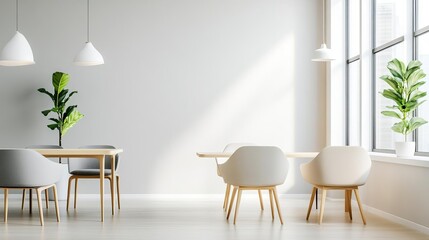 Open space office with minimalistic furniture, neutral color palette, and large windows letting in natural light, promoting clarity and calm