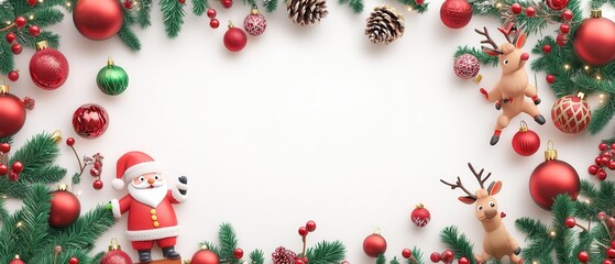 Festive Christmas border with ornaments, Santa, and reindeer. White background for text. Perfect for holiday greeting cards and invitations.