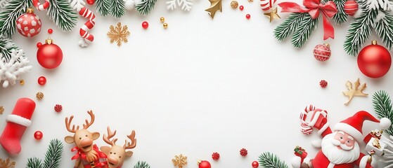 Festive Christmas decorations frame with Santa Claus, reindeer, candy canes, ornaments, and pine branches. Perfect for holiday celebrations.