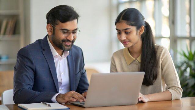 An Indian male teacher  advising university student girl on career options, with resources and guides available for exploration.