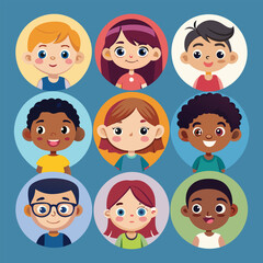 Character set of Avatars collection of children. Cute faces of different nationalities boys and girls. Vector illustration