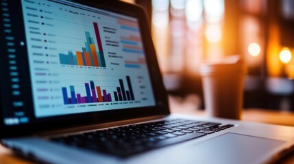 Closeup screen of the laptop, displaying the colorful website traffic metrics, graphs and analytics for the ranking of the blog on the internet