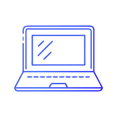 Blue laptop with open screen icon, flat design, simple and modern, technology and computing symbol on white background