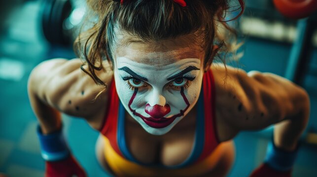 A muscular female clown in a gym, combining comedic style with fitness life. Female crossfitter clown with impressive physique in an unexpected and entertaining scene.