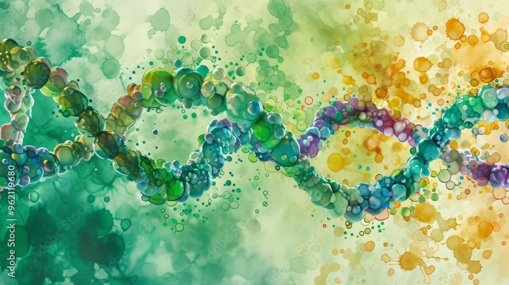 Poster a vibrant, artistic rendering of a dna helix composed of fluid, colorful shapes. the image blends sc