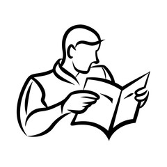 Stylized man reading magazine, minimalist line art icon
